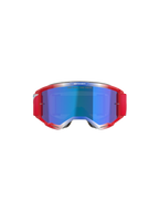 Alpinestars Vision 5 Corp Goggles, gafas de motocross, montura roja y blanca con lente de espejo azul, con correa roja y el texto 'ONE GOAL... ONE VISION' en la lente, vista frontal