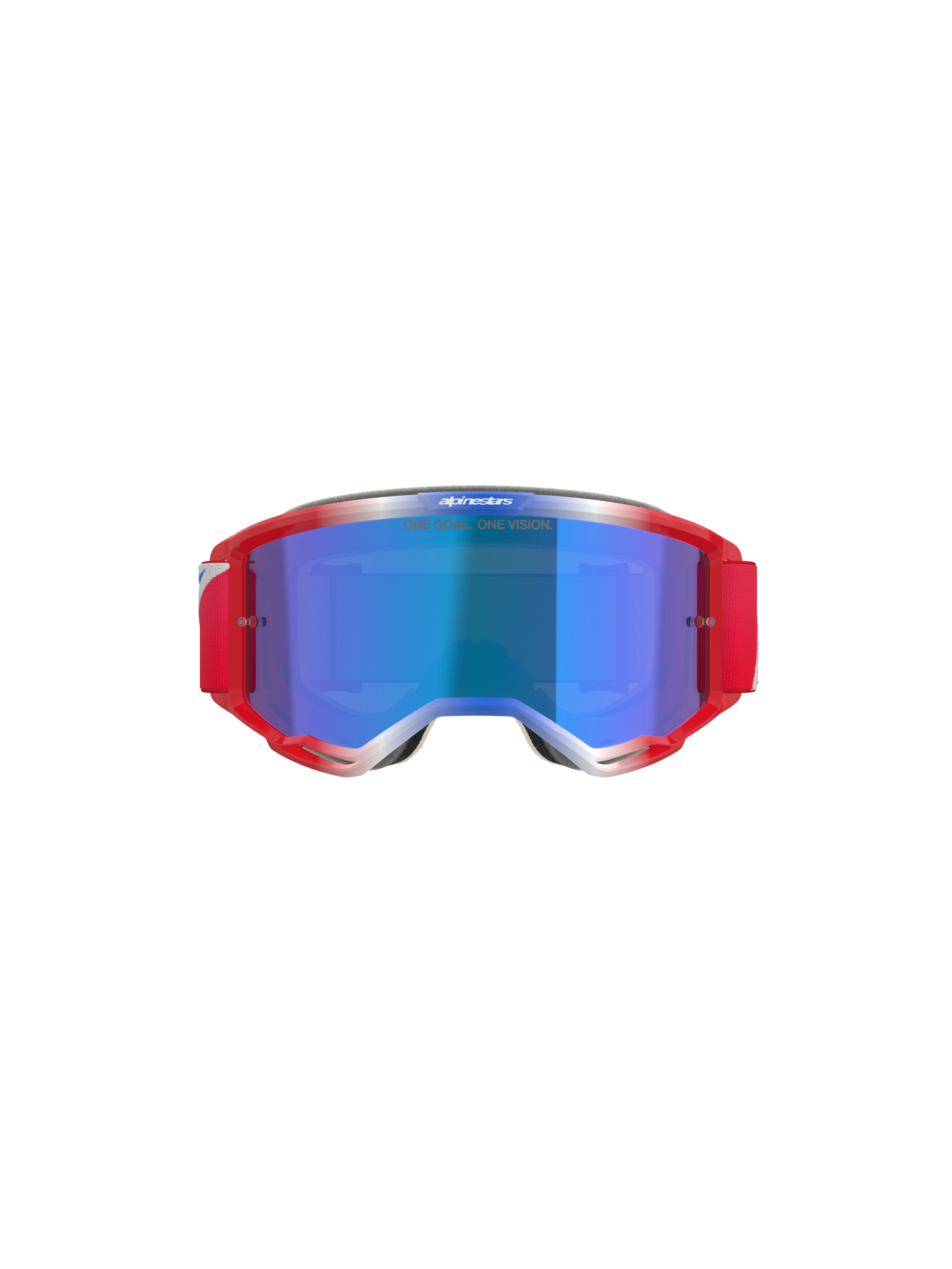 Alpinestars Vision 5 Corp Goggles, gafas de motocross, montura roja y blanca con lente de espejo azul, con correa roja y el texto 'ONE GOAL... ONE VISION' en la lente, vista frontal