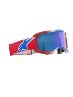 Alpinestars Vision 5 Corp Goggles, gafas de motocross, rojo, blanco y azul con lente de espejo azul, montura roja con ventilación aerodinámica, correa ancha roja con logotipo azul y blanco destacado, gafas profesionales para competición de motocross y off-road