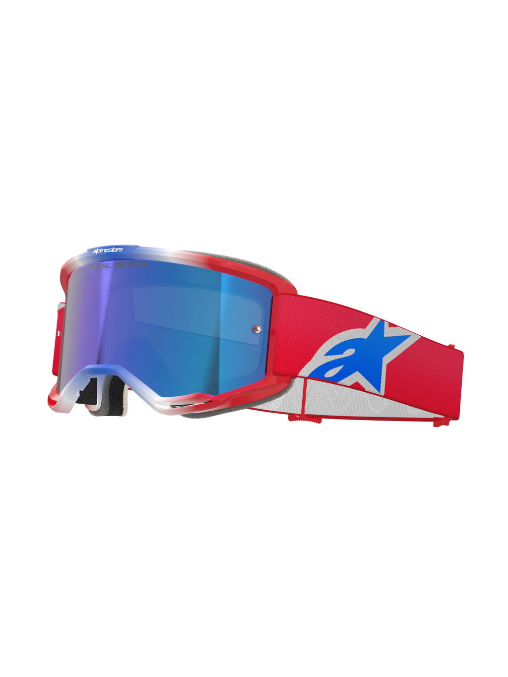 Gafas Alpinestars Vision 5 Corp, gafas de motocross, rojo, blanco y azul, lente de espejo azul, correa roja con logotipo Alpinestars azul, montura roja flexible con detalles blancos, gafas protectoras para conducción todoterreno