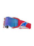 Gafas Alpinestars Vision 5 Corp, gafas de motocross, rojo, blanco y azul, lente de espejo azul, correa roja con logotipo Alpinestars azul, montura roja flexible con detalles blancos, gafas protectoras para conducción todoterreno