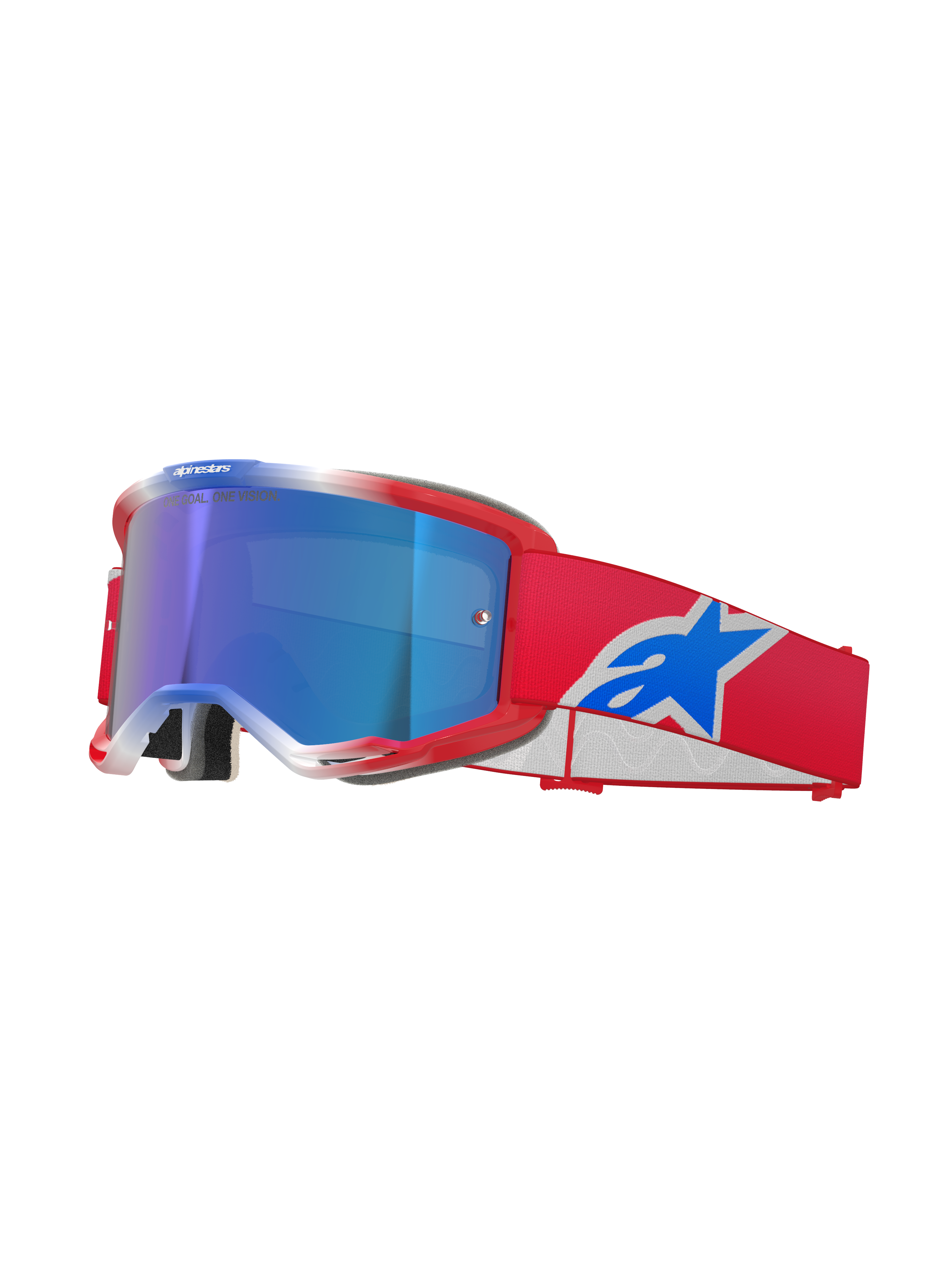 Gafas Alpinestars Vision 5 Corp, gafas de motocross, rojo, blanco y azul, lente de espejo azul, correa roja con logotipo Alpinestars azul, montura roja flexible con detalles blancos, gafas protectoras para conducción todoterreno