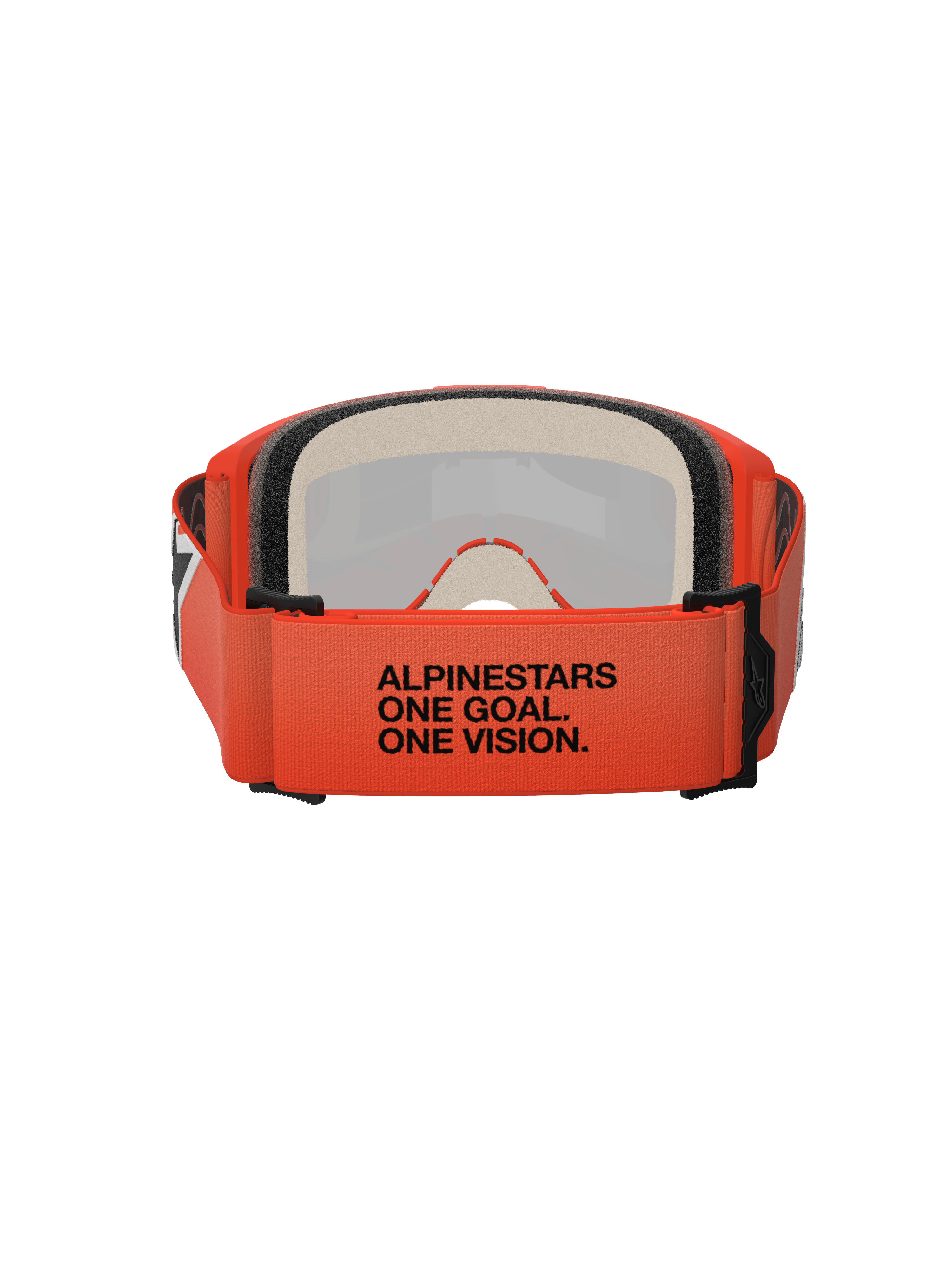 Alpinestars Vision 5 Corp Goggles, back view showing the orange woven strap with black "ALPINESTARS ONE GOAL. ONE VISION." text, multi-layer face foam, orange frame, professional motocross eyewear