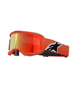 Alpinestars Vision 5 Corp Goggles, Motocross MX Goggles, Orange frame with Red Mirror lens, featuring a wide orange strap with a bold black and white Astar logo, 'ONE GOAL. ONE VISION.' lens branding, and thick black comfort foam.