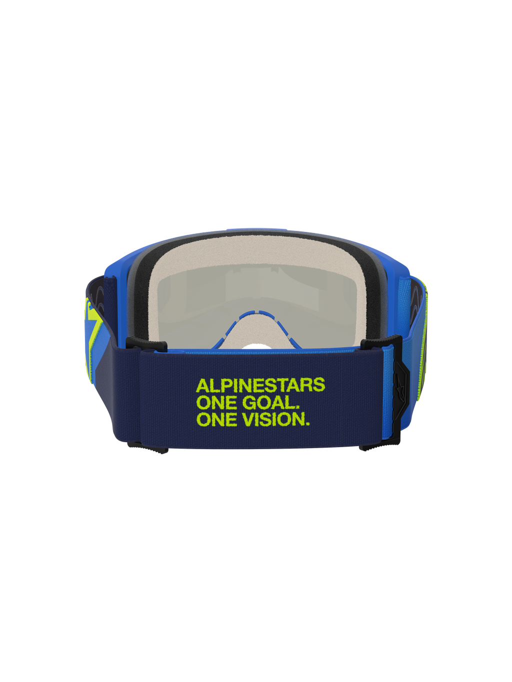 Alpinestars Vision 5 Corp Goggles, Blue and Yellow Fluo, rear view showing dark blue strap with lime green 'Alpinestars One Goal One Vision' text, blue frame and multi-stage face foam, motocross eye protection