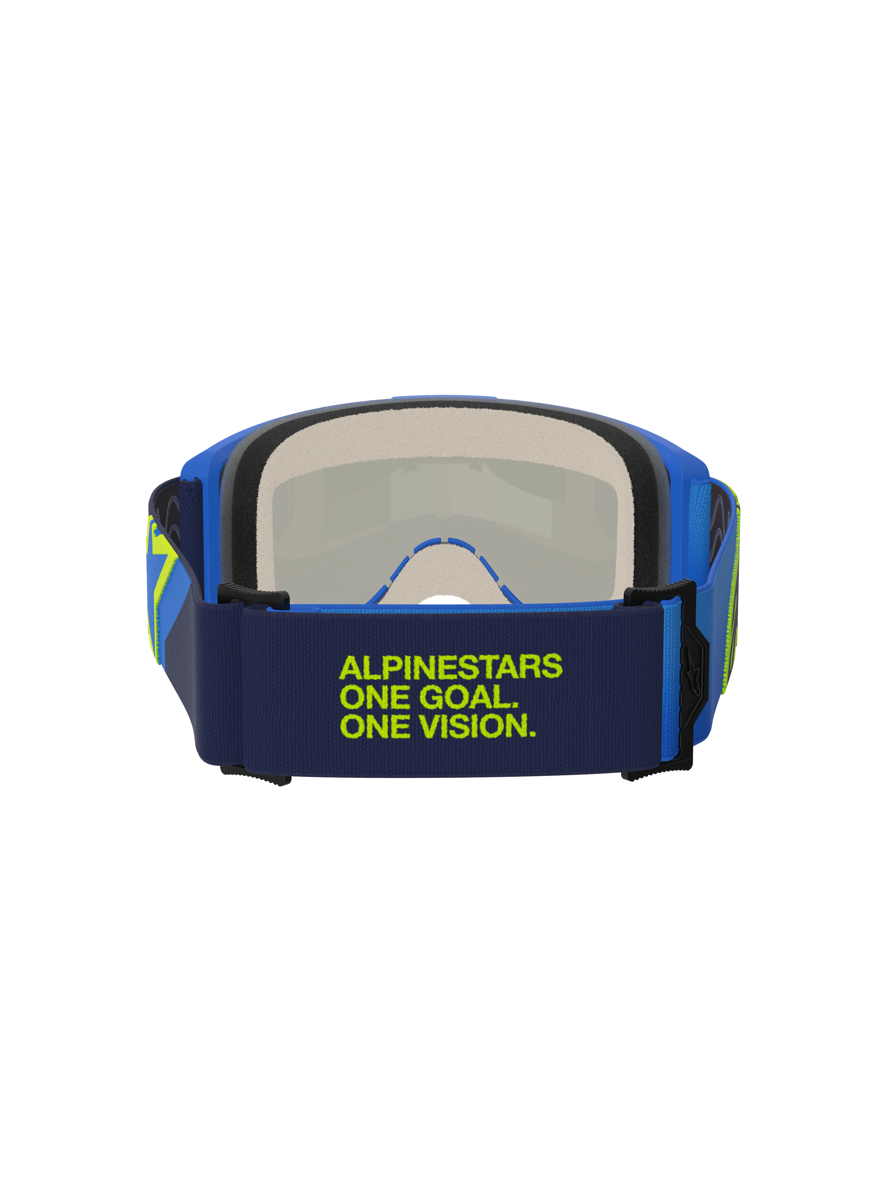 Alpinestars Vision 5 Corp Goggles, Blue and Yellow Fluo, rear view showing dark blue strap with lime green 'Alpinestars One Goal One Vision' text, blue frame and multi-stage face foam, motocross eye protection