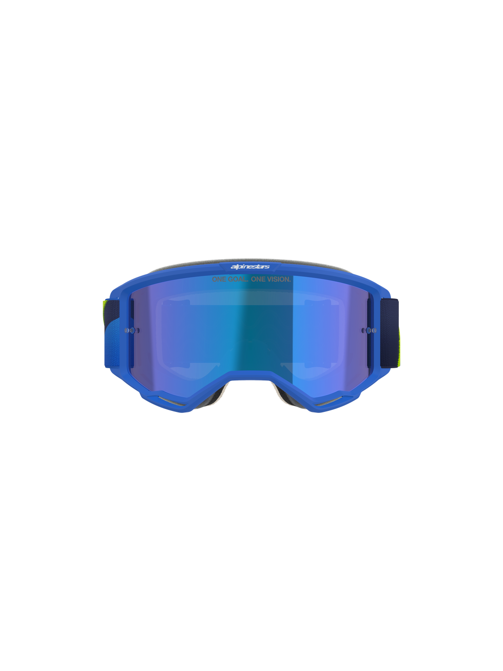 Alpinestars Vision 5 Corp Goggles, Motocross Goggles, Blue and Yellow Fluo, Mirror Blue lens with 'ONE GOAL. ONE VISION.' text, front view, ultra-pliable A-FLEX urethane frame, protective eyewear for off-road performance