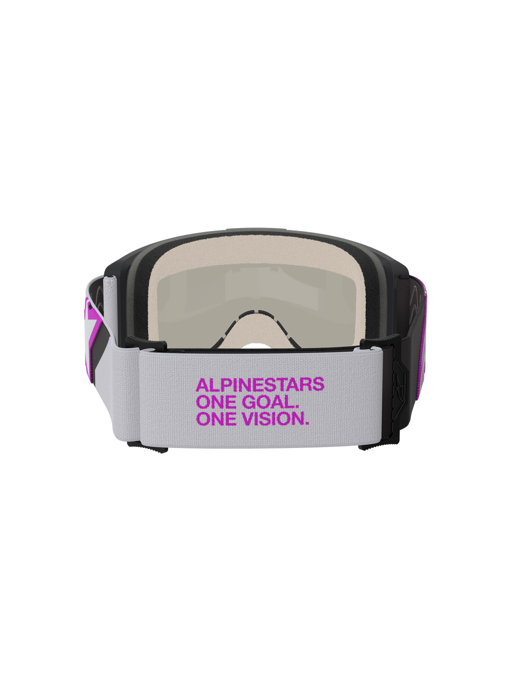 Gafas Alpinestars Vision 5 Corp, gafas de motocross, gris claro y plateado espejo púrpura, vista posterior que muestra una correa tejida ancha con marca en púrpura, espuma facial de múltiples capas y construcción de montura duradera
