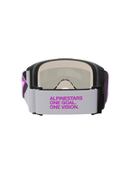 Gafas Alpinestars Vision 5 Corp, gafas de motocross, gris claro y plateado espejo púrpura, vista posterior que muestra una correa tejida ancha con marca en púrpura, espuma facial de múltiples capas y construcción de montura duradera