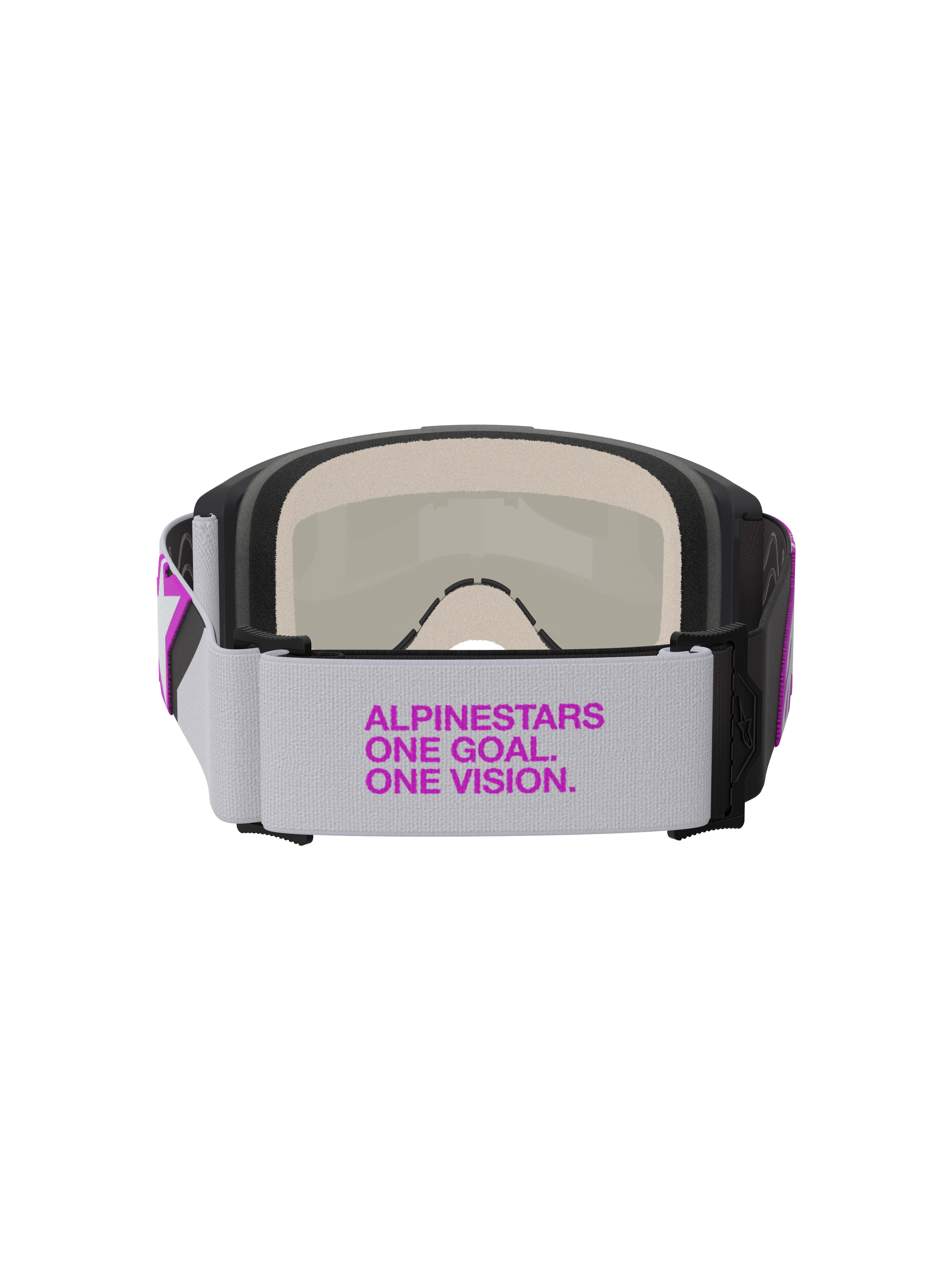 Gafas Alpinestars Vision 5 Corp, gafas de motocross, gris claro y plateado espejo púrpura, vista posterior que muestra una correa tejida ancha con marca en púrpura, espuma facial de múltiples capas y construcción de montura duradera