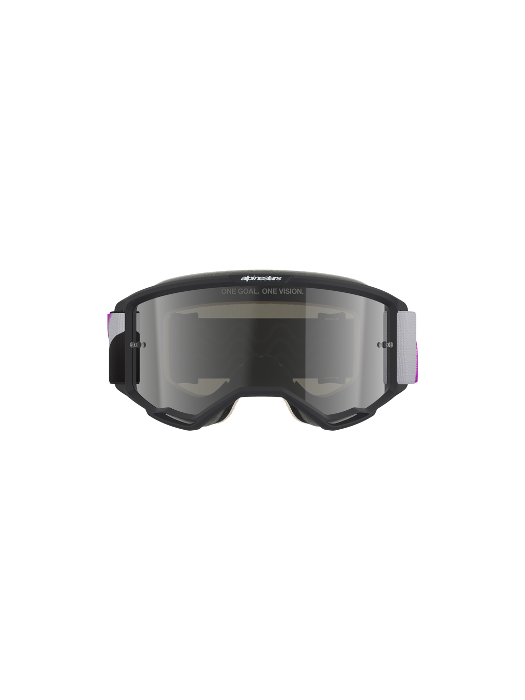 Gafas Alpinestars Vision 5 Corp, gafas de motocross, montura gris claro con lente de espejo púrpura y plateado, vista frontal con el lema 'ONE GOAL. ONE VISION.', correa tejida ajustable en gris y púrpura, protección ocular de alto rendimiento para conducción off-road