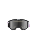 Gafas Alpinestars Vision 5 Corp, gafas de motocross, montura gris claro con lente de espejo púrpura y plateado, vista frontal con el lema 'ONE GOAL. ONE VISION.', correa tejida ajustable en gris y púrpura, protección ocular de alto rendimiento para conducción off-road