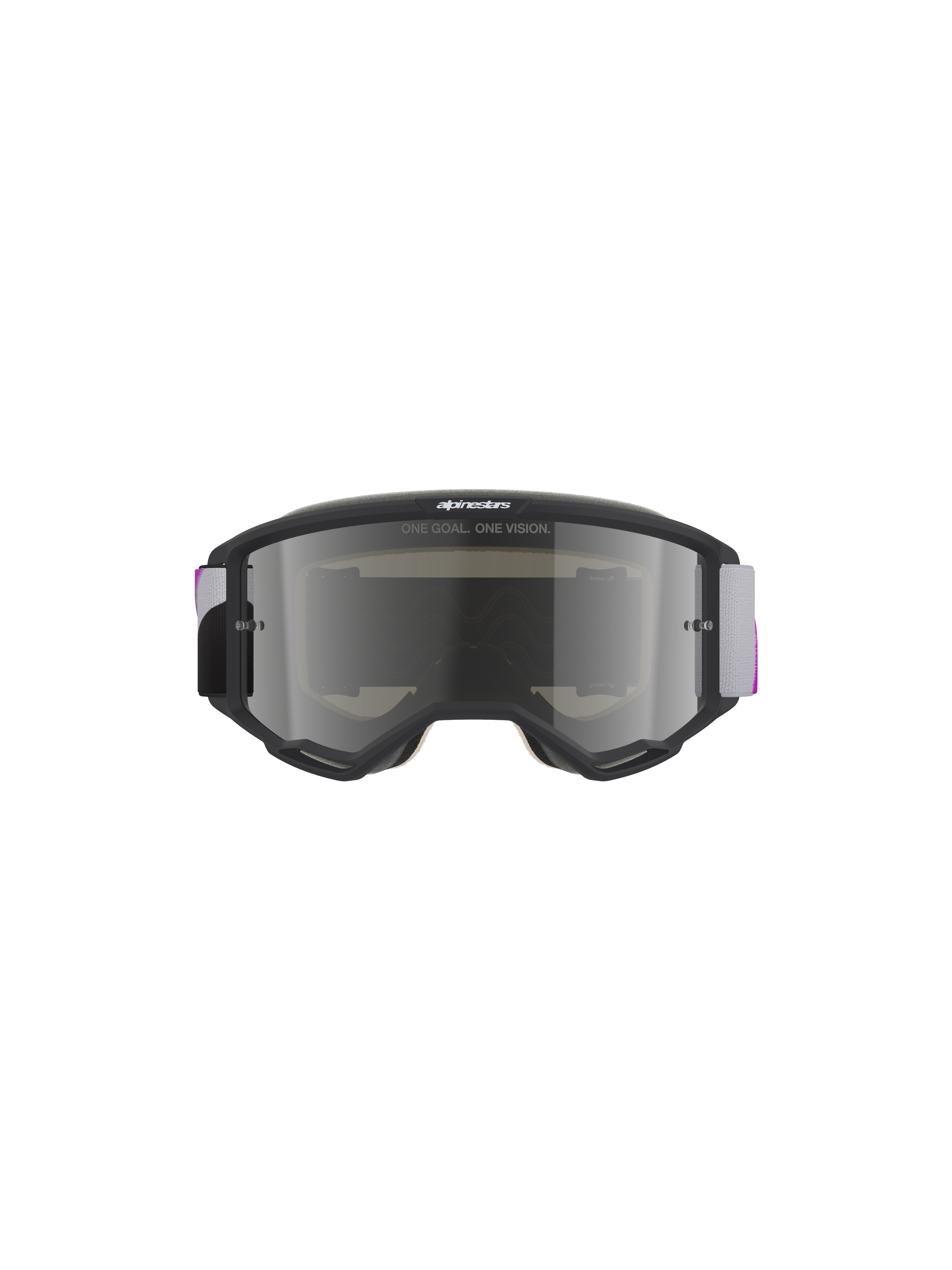 Gafas Alpinestars Vision 5 Corp, gafas de motocross, montura gris claro con lente de espejo púrpura y plateado, vista frontal con el lema 'ONE GOAL. ONE VISION.', correa tejida ajustable en gris y púrpura, protección ocular de alto rendimiento para conducción off-road