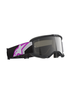 Gafas Alpinestars Vision 5 Corp, montura gris claro con lente plateada de espejo púrpura, gafas de motocross con correa negra y logotipo Astars grande en blanco y púrpura, equipamiento profesional para carreras todoterreno