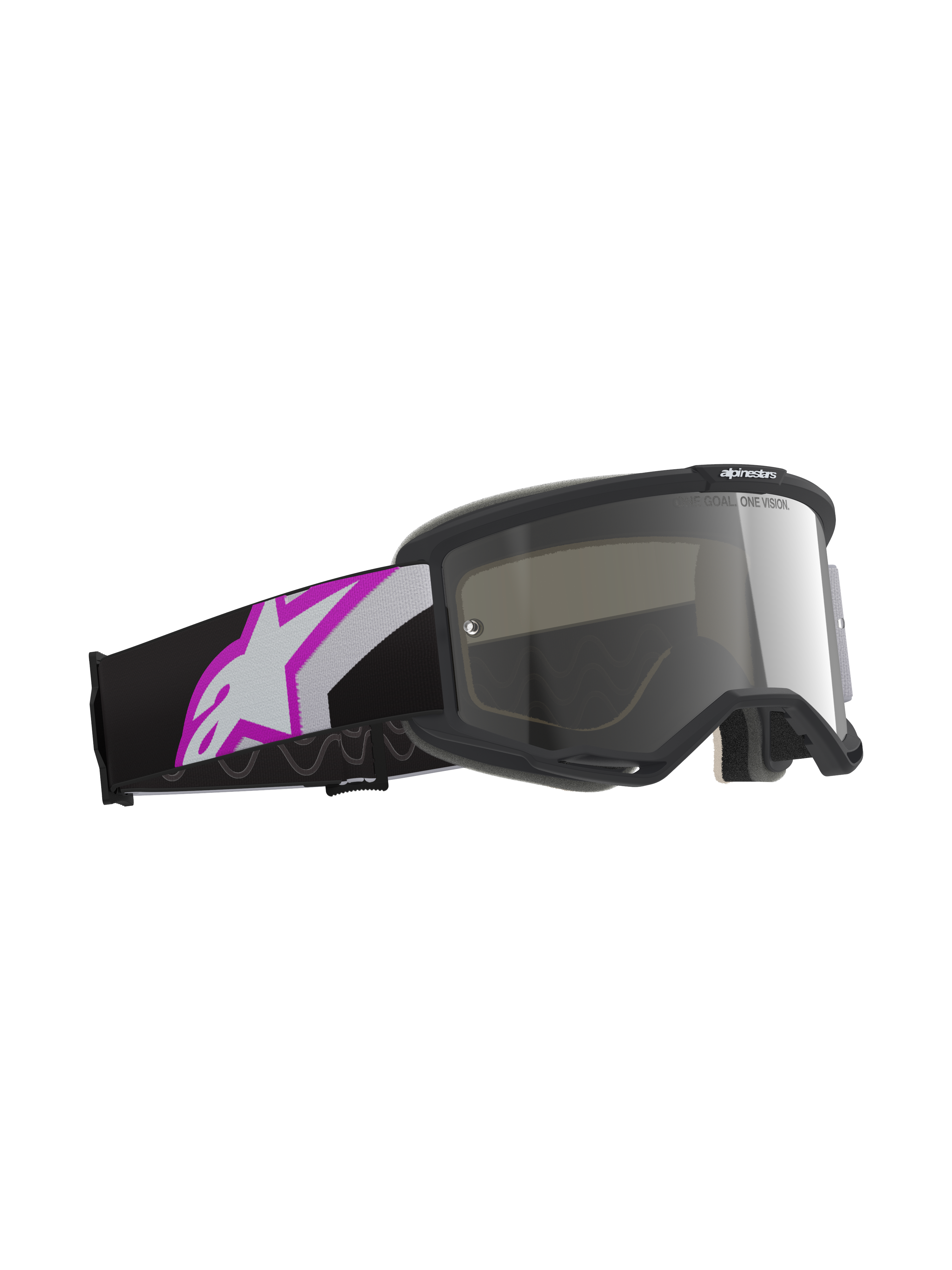 Gafas Alpinestars Vision 5 Corp, montura gris claro con lente plateada de espejo púrpura, gafas de motocross con correa negra y logotipo Astars grande en blanco y púrpura, equipamiento profesional para carreras todoterreno