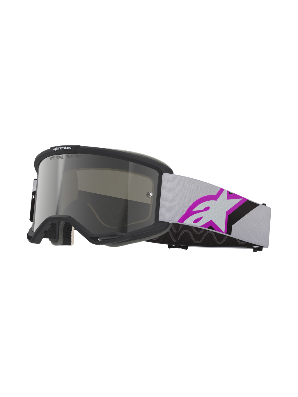 Gafas Alpinestars Vision 5 Corp, gafas de motocross, gris claro y púrpura con espejo plateado, montura negra con lente de espejo plata, correa tejida gris claro con logo de estrella grande en púrpura y negro, espuma facial multicapa para un ajuste preciso, protección ocular profesional para off-road