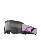 Gafas Alpinestars Vision 5 Corp, gafas de motocross, gris claro y púrpura con espejo plateado, montura negra con lente de espejo plata, correa tejida gris claro con logo de estrella grande en púrpura y negro, espuma facial multicapa para un ajuste preciso, protección ocular profesional para off-road