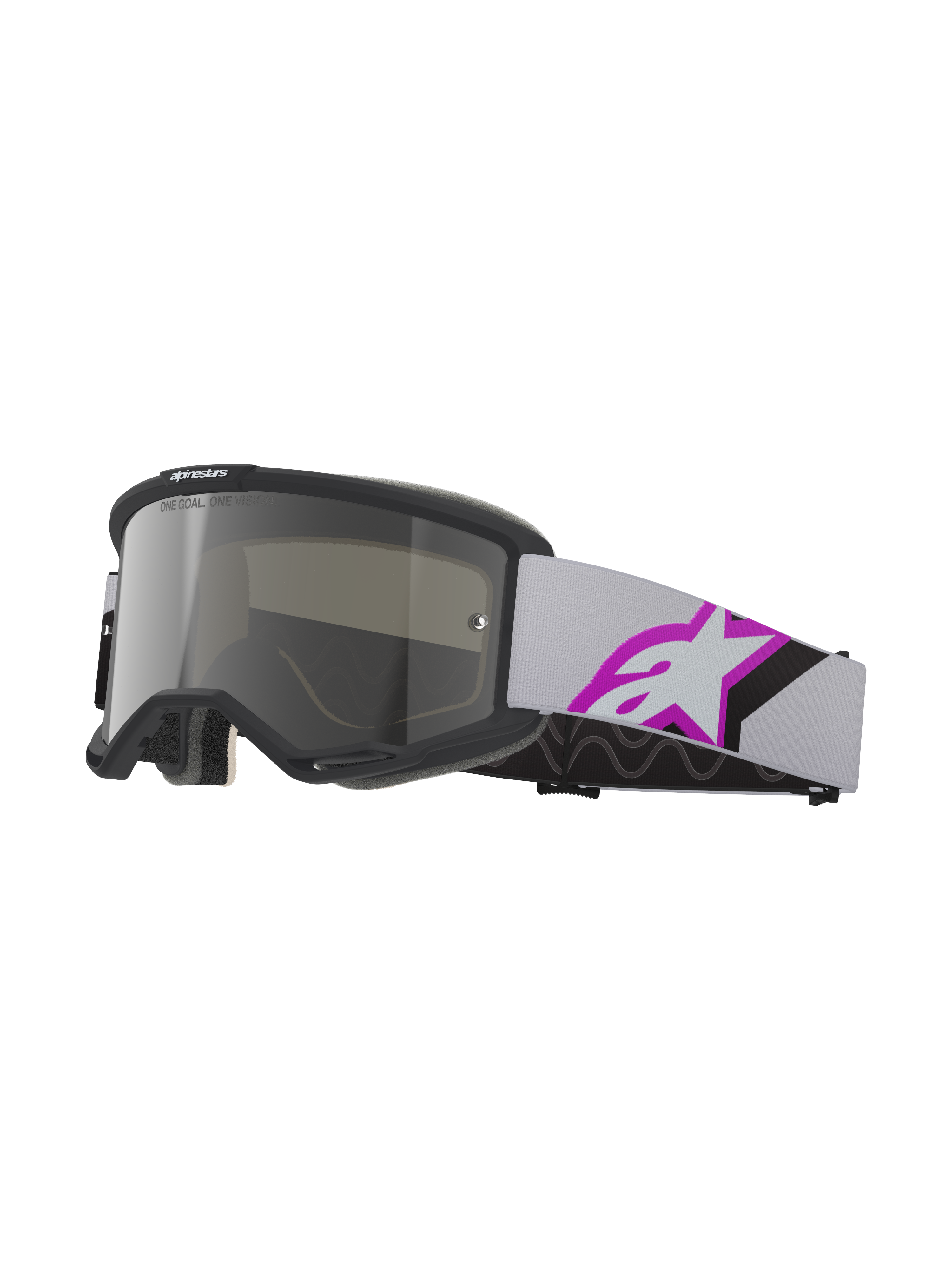 Gafas Alpinestars Vision 5 Corp, gafas de motocross, gris claro y púrpura con espejo plateado, montura negra con lente de espejo plata, correa tejida gris claro con logo de estrella grande en púrpura y negro, espuma facial multicapa para un ajuste preciso, protección ocular profesional para off-road