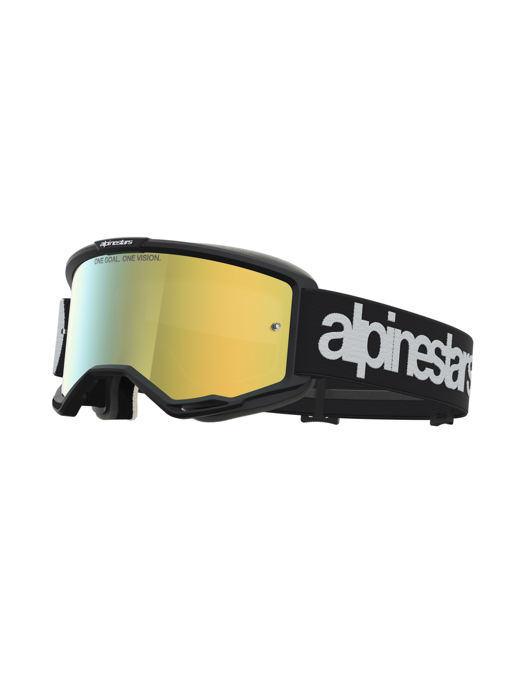 Alpinestars Vision 5 Hone, gafas de motocross con montura negra, lente de espejo dorada y correa con logo blanco.