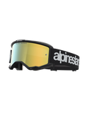 Alpinestars Vision 5 Hone, gafas de motocross con montura negra, lente de espejo dorada y correa con logo blanco.