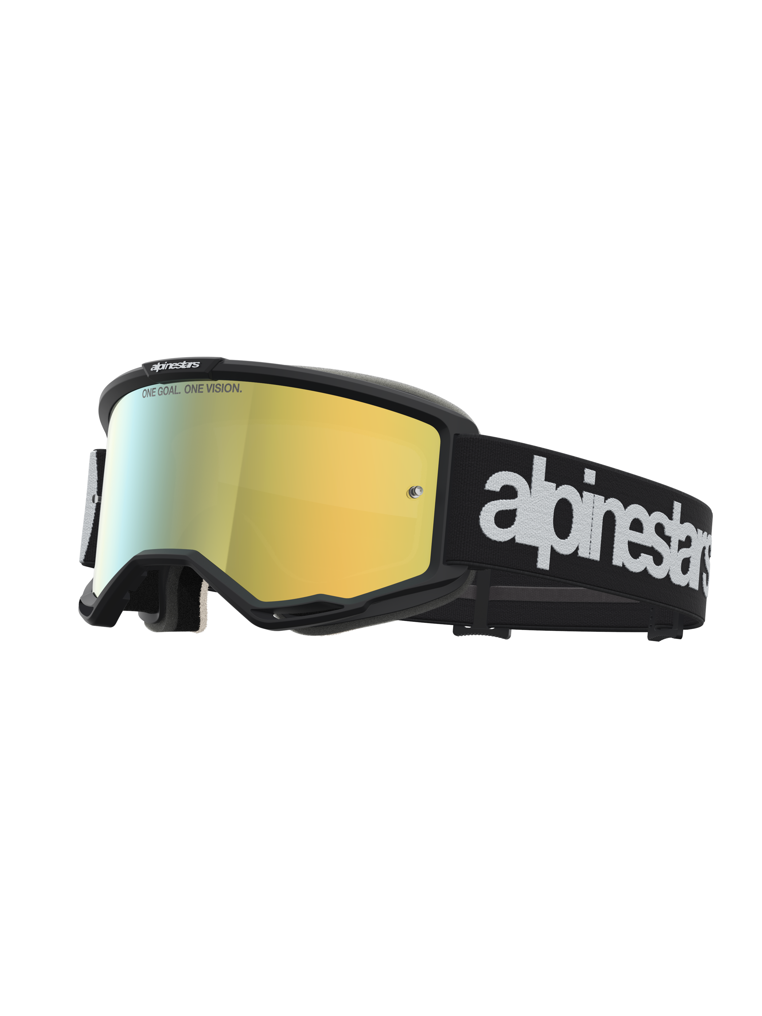 Alpinestars Vision 5 Hone, gafas de motocross con montura negra, lente de espejo dorada y correa con logo blanco.
