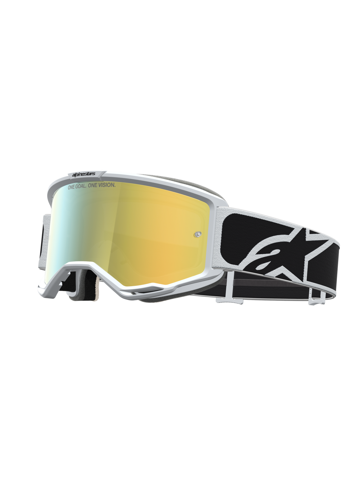 Alpinestars Vision 5 Rora, gafas de motocross blancas con lente de espejo dorada y correa negra con blanco.