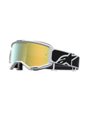 Alpinestars Vision 5 Rora, gafas de motocross blancas con lente de espejo dorada y correa negra con blanco.