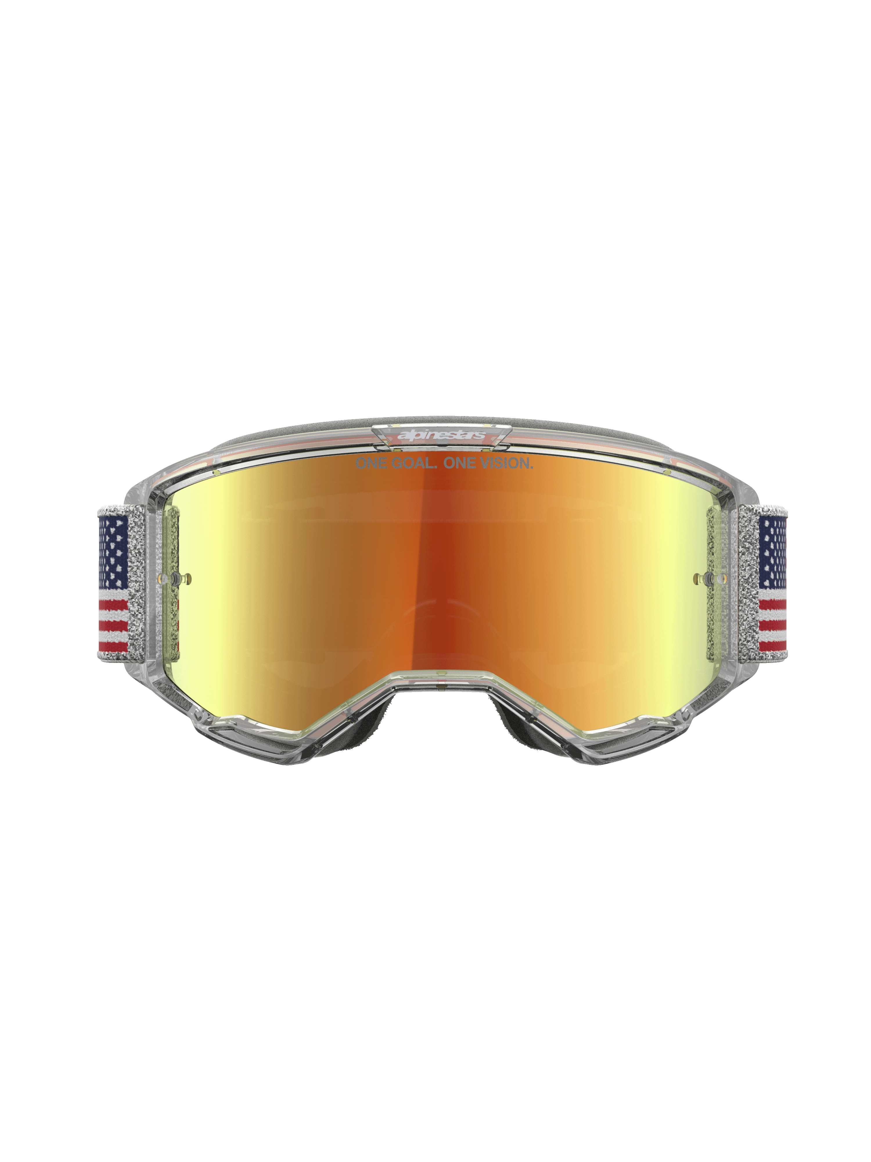 Alpinestars Vision 5 Le Fiftyfold, gafas de motocross, lente de espejo roja, montura transparente y correa de bandera.