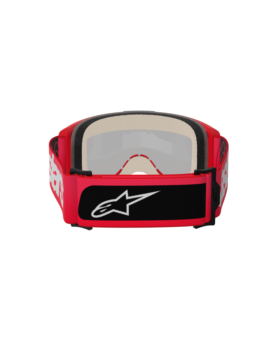 Gafas Alpinestars Vision 5 Blaze, gafas de motocross, rojas, vista trasera con espuma facial multicapa de gran grosor y una correa ancha ajustable con letras blancas de Alpinestars y un parche con el logotipo en negro