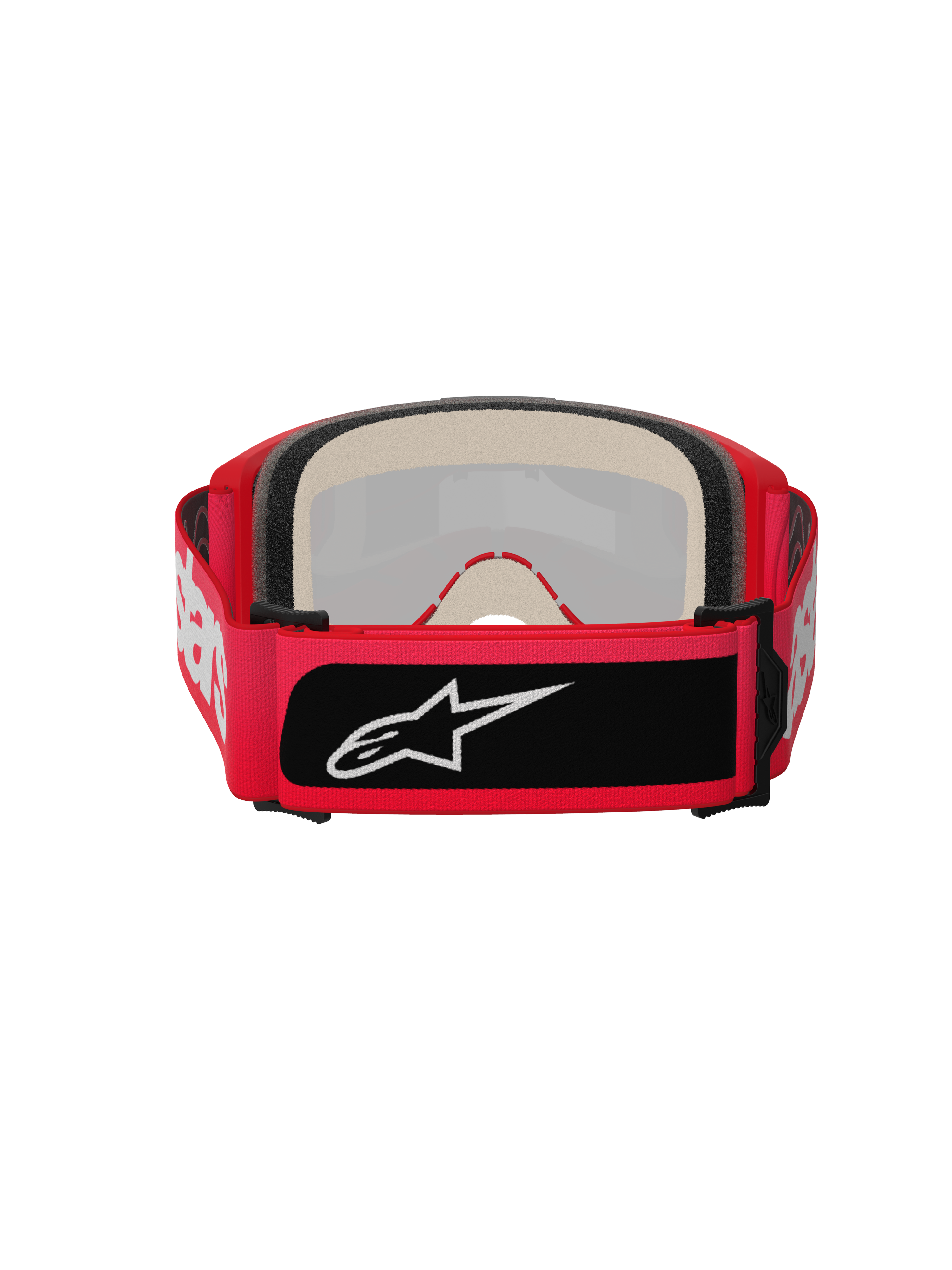 Gafas Alpinestars Vision 5 Blaze, gafas de motocross, rojas, vista trasera con espuma facial multicapa de gran grosor y una correa ancha ajustable con letras blancas de Alpinestars y un parche con el logotipo en negro