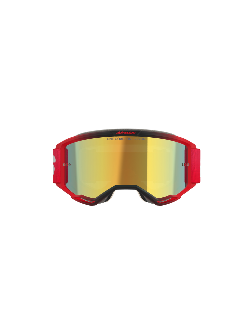 Alpinestars Vision 5 Blaze Goggles, gafas de motocross, montura roja con lente de espejo dorada, incluye el texto 'ONE GOAL. ONE VISION.' en la lente, correa elástica roja con logotipo blanco, protección ocular profesional para motocross