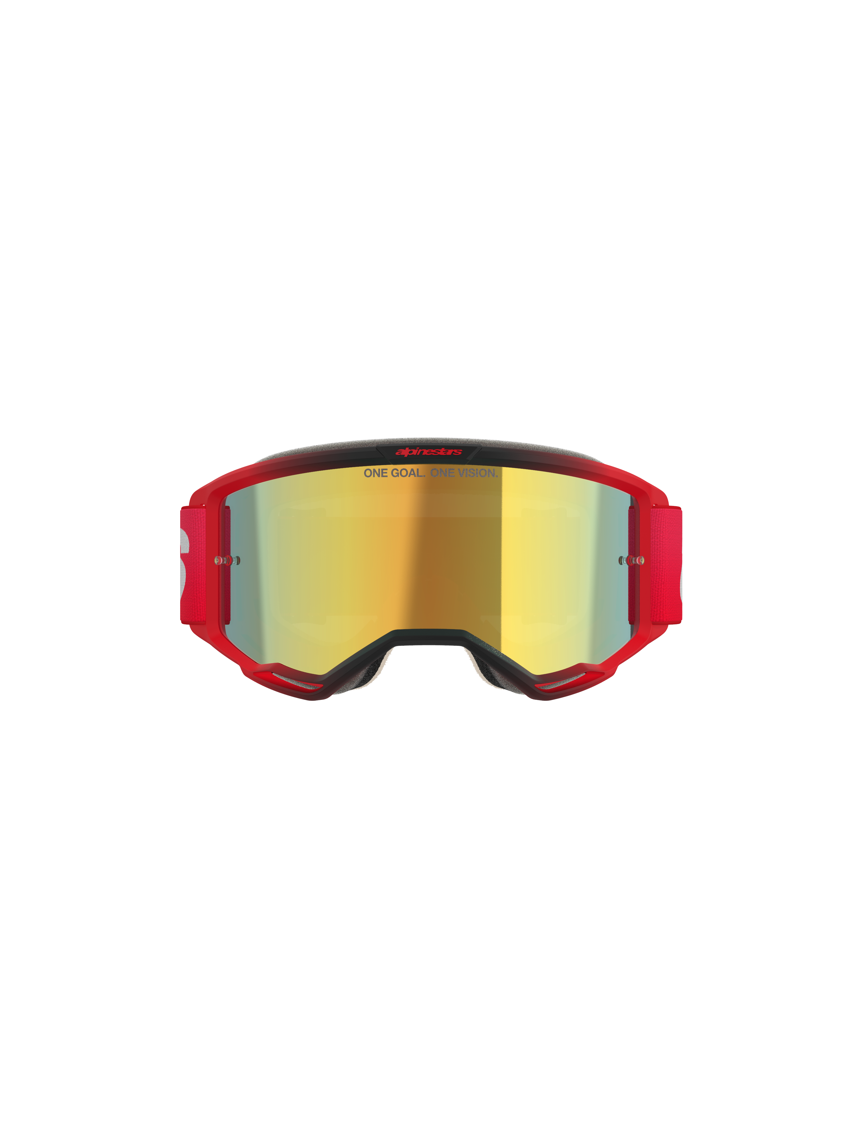 Alpinestars Vision 5 Blaze Goggles, gafas de motocross, montura roja con lente de espejo dorada, incluye el texto 'ONE GOAL. ONE VISION.' en la lente, correa elástica roja con logotipo blanco, protección ocular profesional para motocross