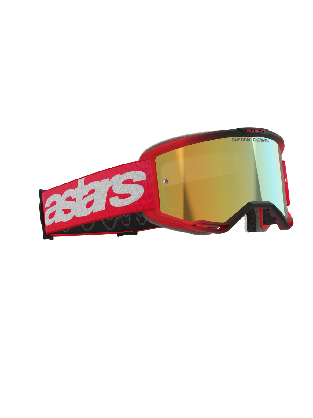 Alpinestars Vision 5 Blaze Goggles, gafas de motocross, rojas con lente de espejo dorada, con una correa tejida roja con un gran logotipo de astars blanco y el texto 'ONE GOAL. ONE VISION.' en la lente, protección ocular de alto rendimiento para carreras todoterreno