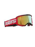 Alpinestars Vision 5 Blaze Goggles, gafas de motocross, rojas con lente de espejo dorada, con una correa tejida roja con un gran logotipo de astars blanco y el texto 'ONE GOAL. ONE VISION.' en la lente, protección ocular de alto rendimiento para carreras todoterreno
