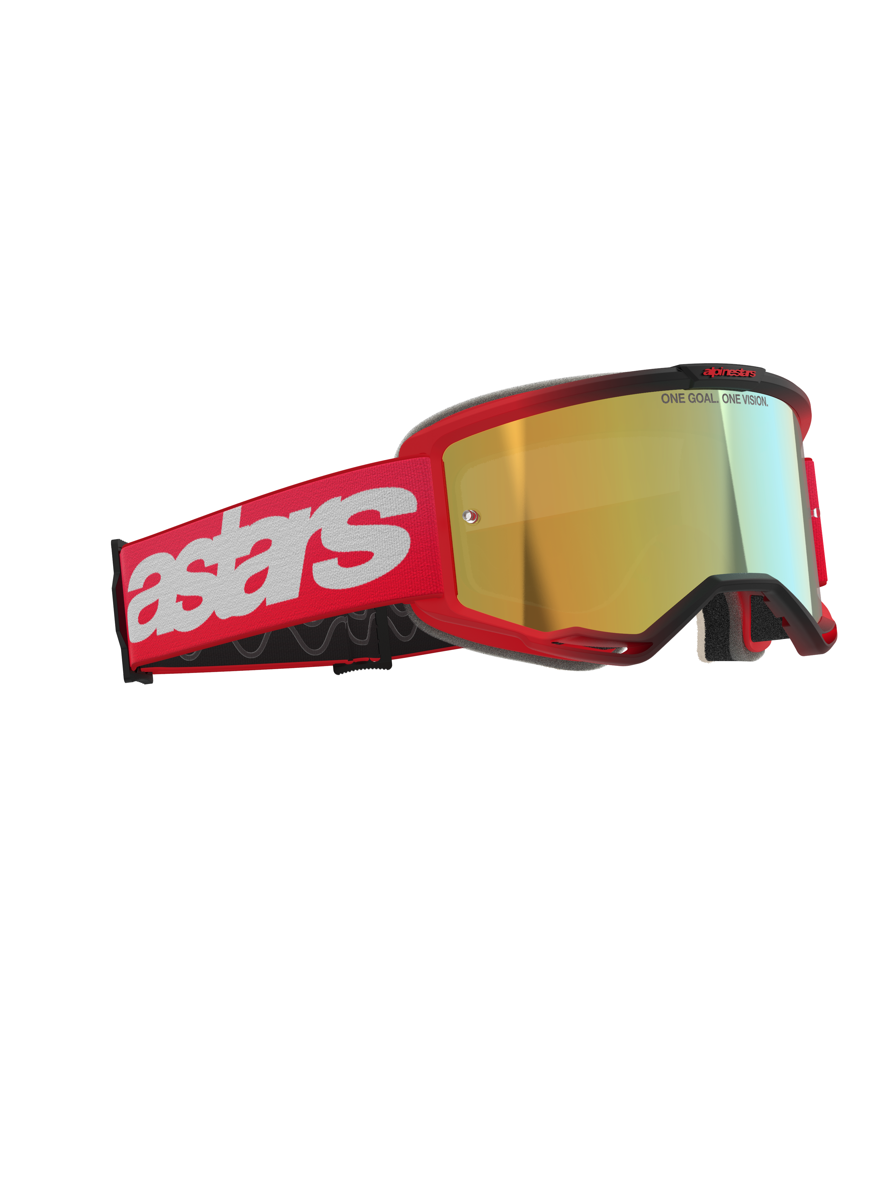 Alpinestars Vision 5 Blaze Goggles, gafas de motocross, rojas con lente de espejo dorada, con una correa tejida roja con un gran logotipo de astars blanco y el texto 'ONE GOAL. ONE VISION.' en la lente, protección ocular de alto rendimiento para carreras todoterreno