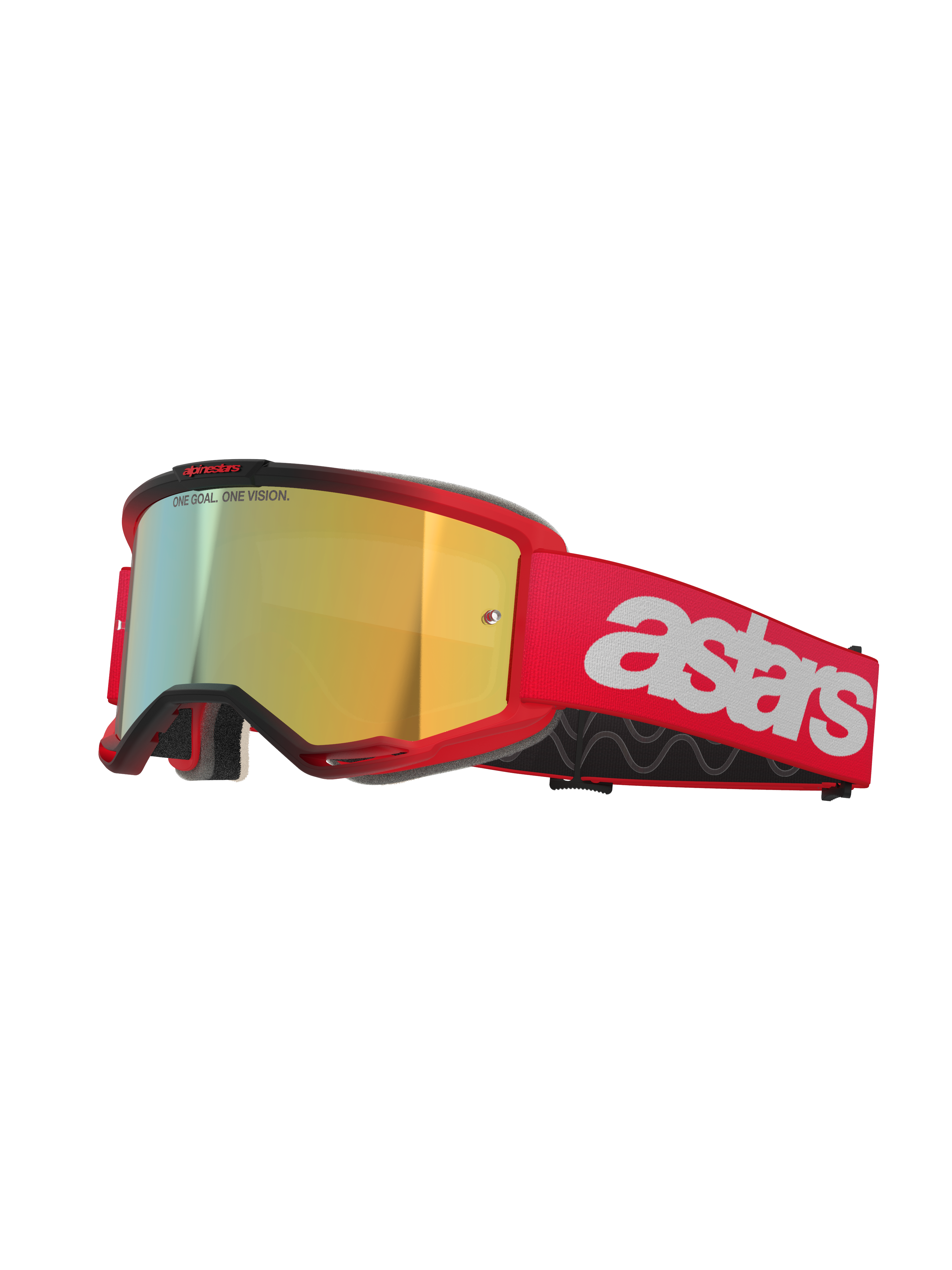 Alpinestars Vision 5 Blaze Goggles, gafas de motocross, montura y correa rojas con lente Mirror Gold, con logotipo astars blanco en el lateral, montura ligera A-FLEX con espuma facial multicapa para carreras todoterreno