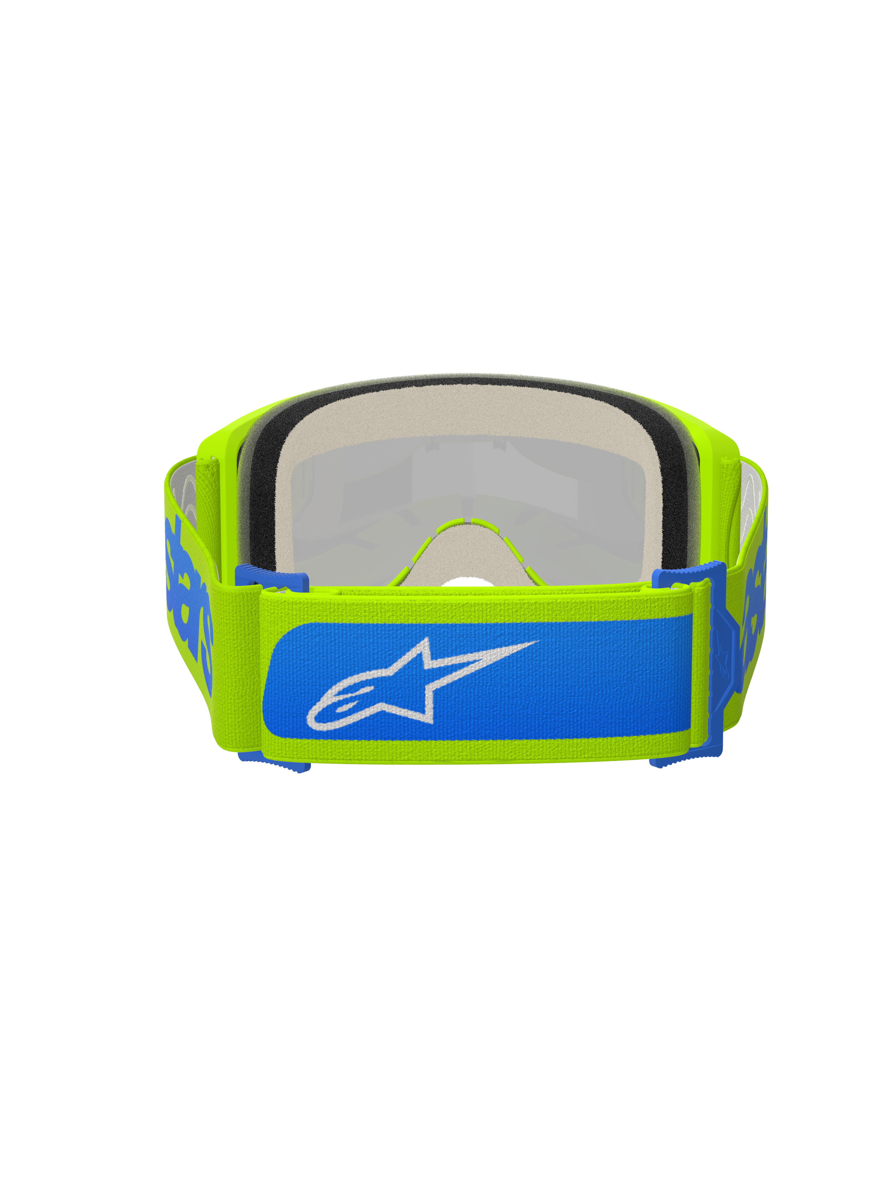 Alpinestars Vision 5 Blaze Goggles, Motocross Goggles, Fluo Yellow and Blue, rear view showing adjustable 45mm woven strap with blue accents and white Alpinestars logo, thick multi-layer face foam, designed for off-road racing