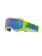 Alpinestars Vision 5 Blaze Goggles, Motocross Goggles, Fluo Yellow and Blue, featuring a blue mirror-tinted lens, neon yellow frame with white trim, adjustable strap with bold blue Astars branding, performance off-road racing eye protection