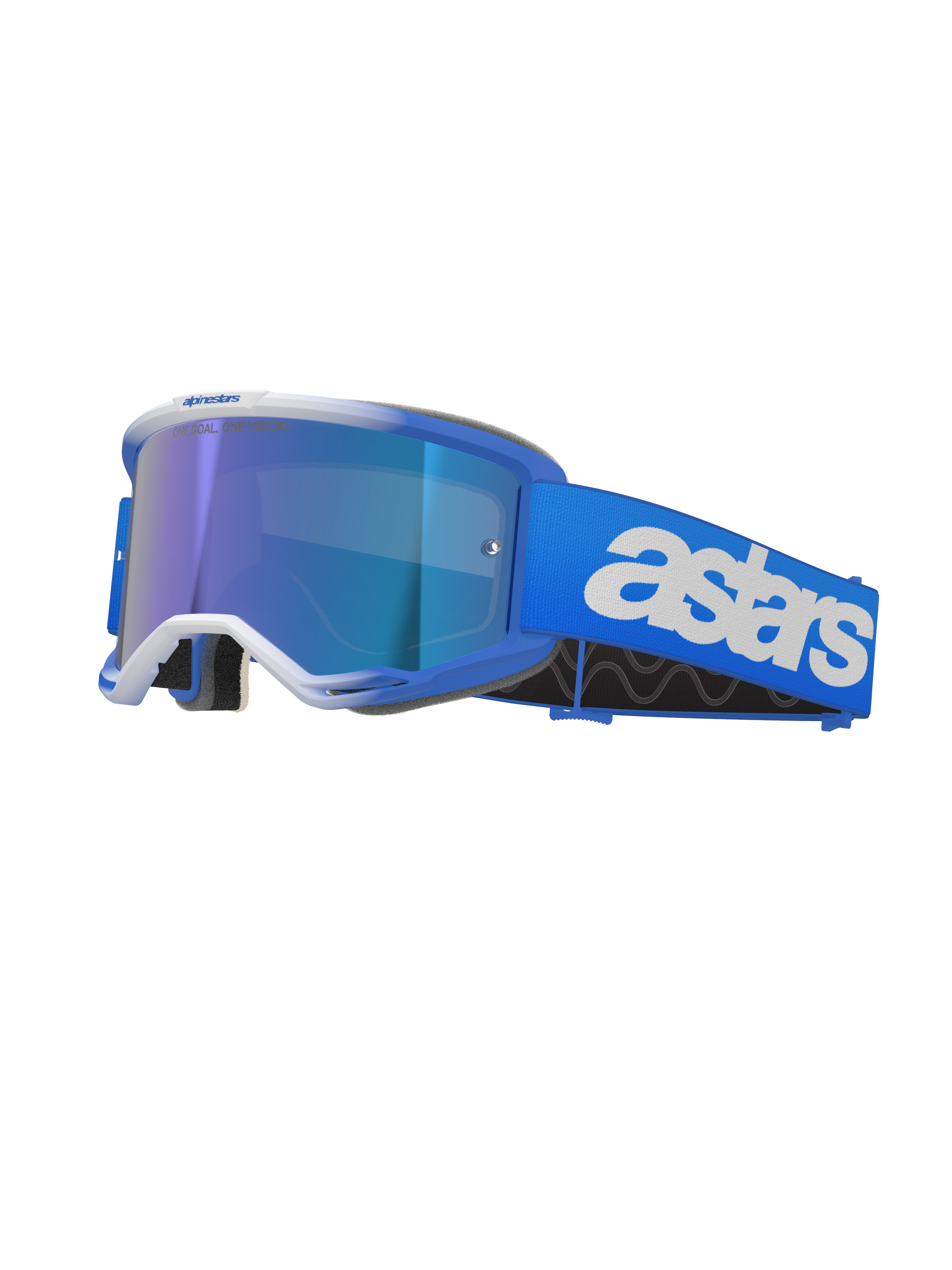 Alpinestars Vision 5 Blaze Goggles, Motocross Goggles, Blue and White, featuring a reflective blue mirror lens, wide blue strap with bold white astars branding, curved frame with white accents, thick black foam padding, professional off-road racing eyewear