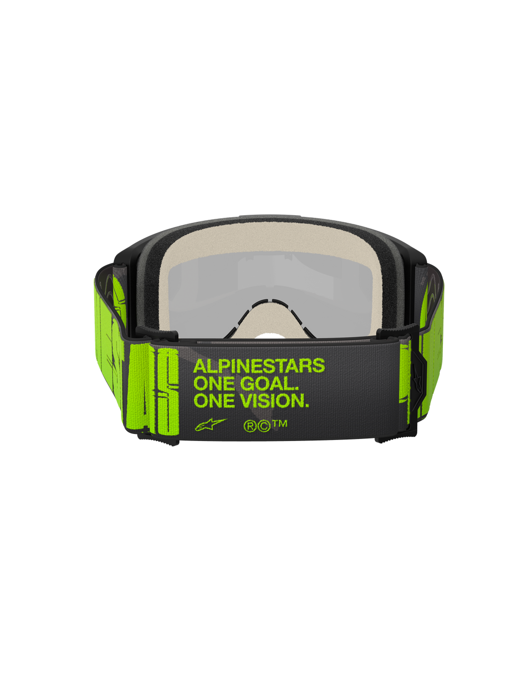 Gafas Alpinestars Vision 5 Hollow, gafas de motocross, color carbón y amarillo fluo, vista trasera que muestra la correa tejida ancha con la marca 'ALPINESTARS ONE GOAL. ONE VISION.', espuma facial de múltiples capas, diseñadas para carreras todoterreno