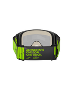 Gafas Alpinestars Vision 5 Hollow, gafas de motocross, color carbón y amarillo fluo, vista trasera que muestra la correa tejida ancha con la marca 'ALPINESTARS ONE GOAL. ONE VISION.', espuma facial de múltiples capas, diseñadas para carreras todoterreno
