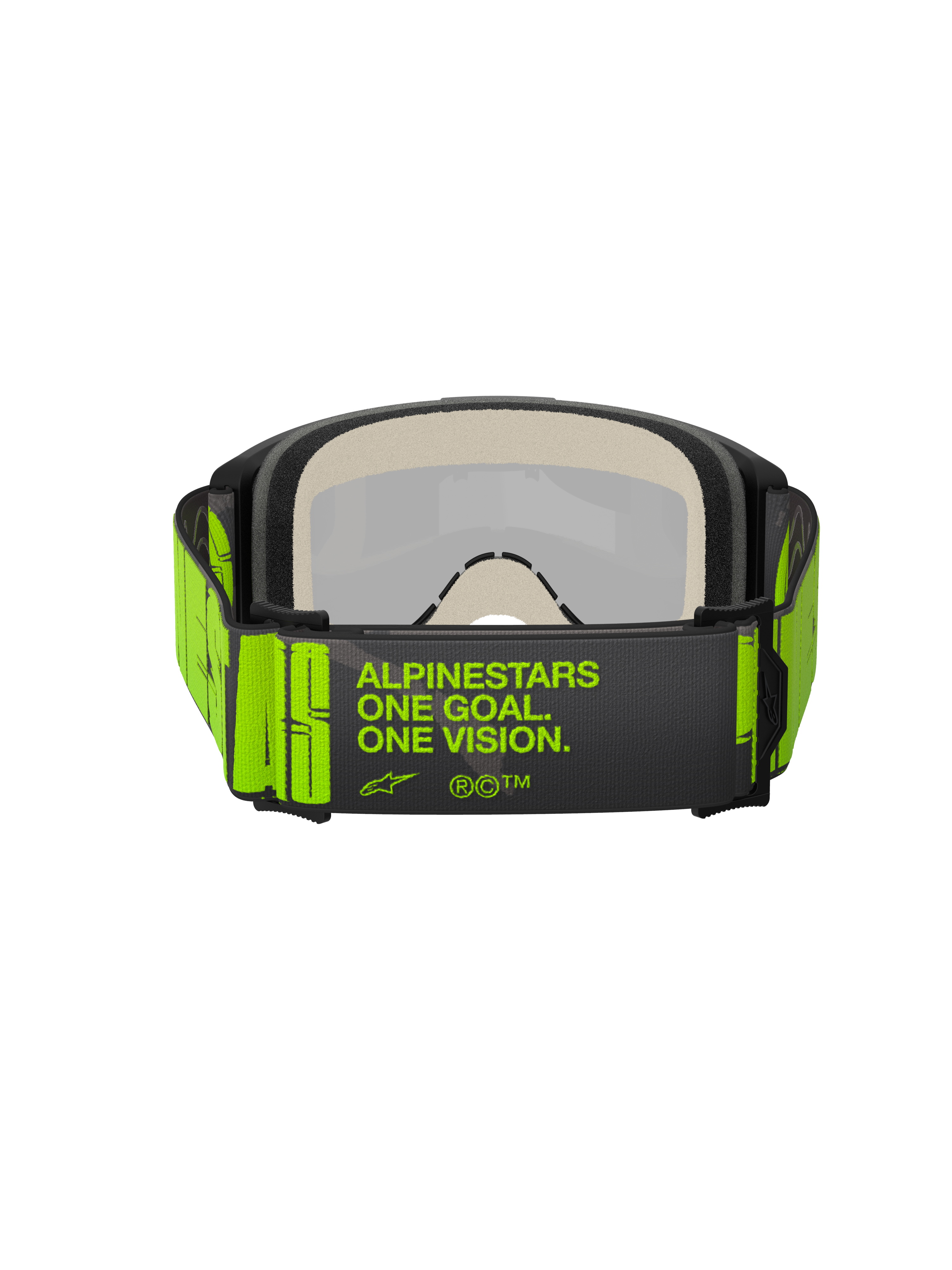 Gafas Alpinestars Vision 5 Hollow, gafas de motocross, color carbón y amarillo fluo, vista trasera que muestra la correa tejida ancha con la marca 'ALPINESTARS ONE GOAL. ONE VISION.', espuma facial de múltiples capas, diseñadas para carreras todoterreno