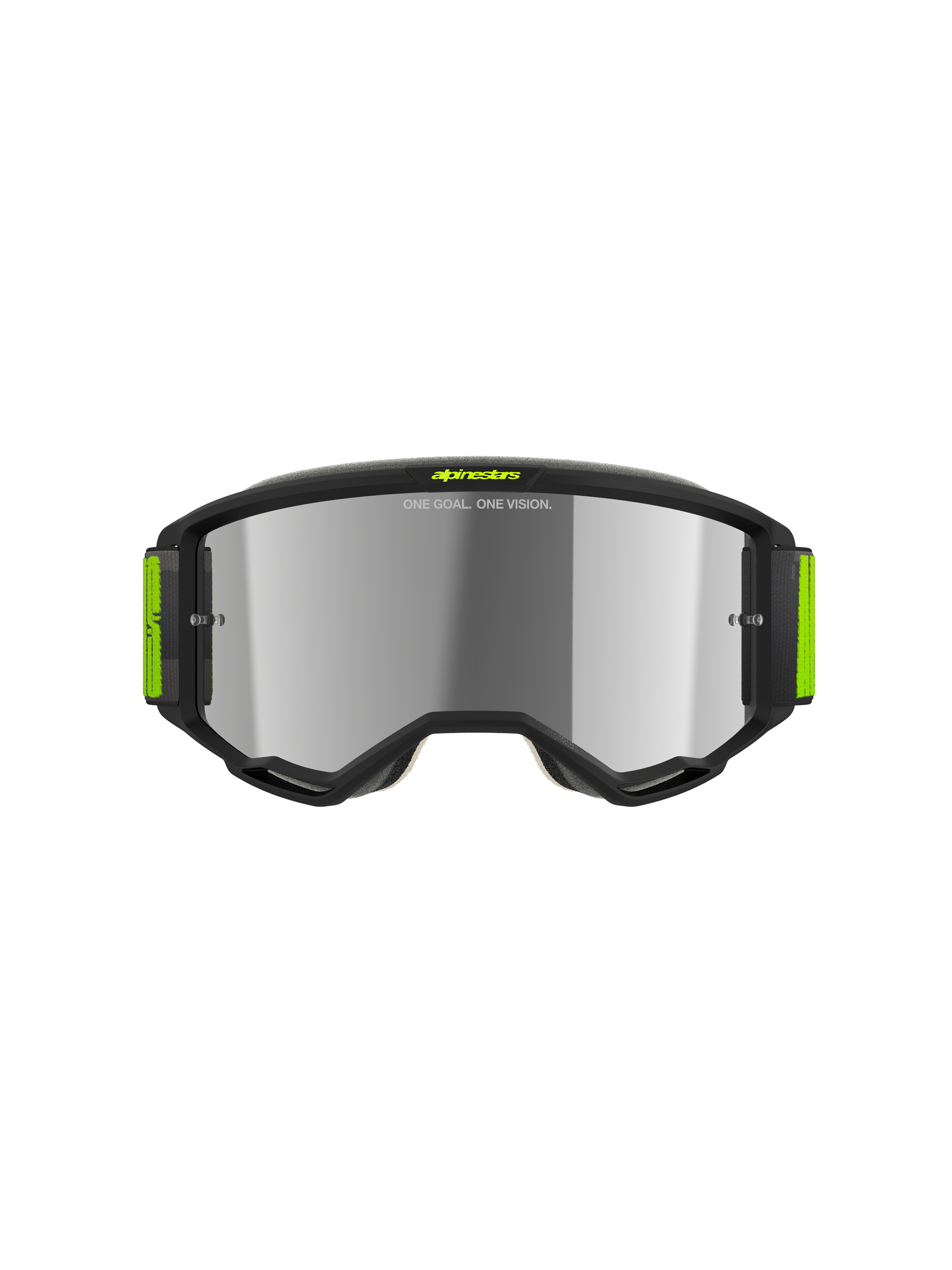 Alpinestars Vision 5 Hollow Goggles, gafas de motocross, gris y amarillo flúor, lente de espejo plateada, marco gris con detalles amarillos brillantes y correa tejida ancha, protección ocular de alto rendimiento para carreras todoterreno
