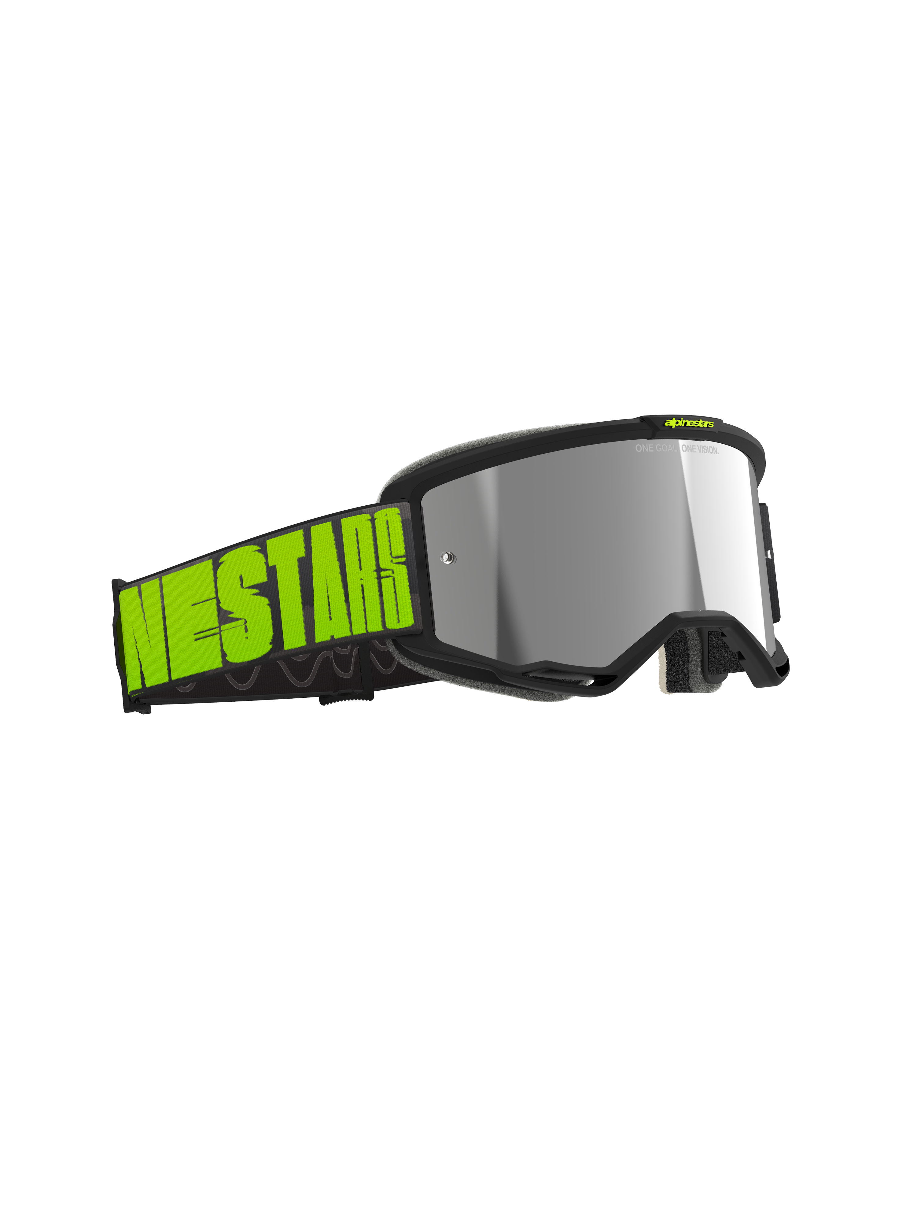 Alpinestars Vision 5 Hollow Goggles, gafas de motocross, gris carbón y amarillo flúor, lente de espejo plateado, correa ancha negra con logotipo en amarillo neón llamativo, montura con sistema de ventilación RAM-AIR para carreras todoterreno