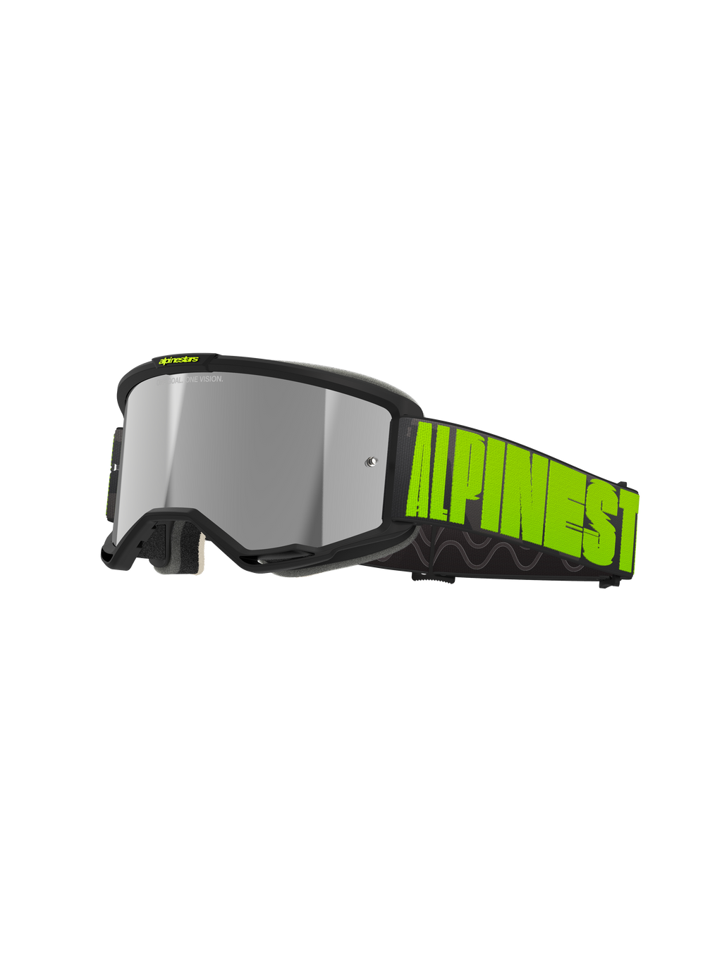 Gafas Alpinestars Vision 5 Hollow, gafas de motocross y off-road, color gris carbón y amarillo flúor, lente de espejo plateado reflectante con montura negra, correa ancha negra con marca llamativa en amarillo neón y agarre interno de silicona, puertos de ventilación y espuma facial suave