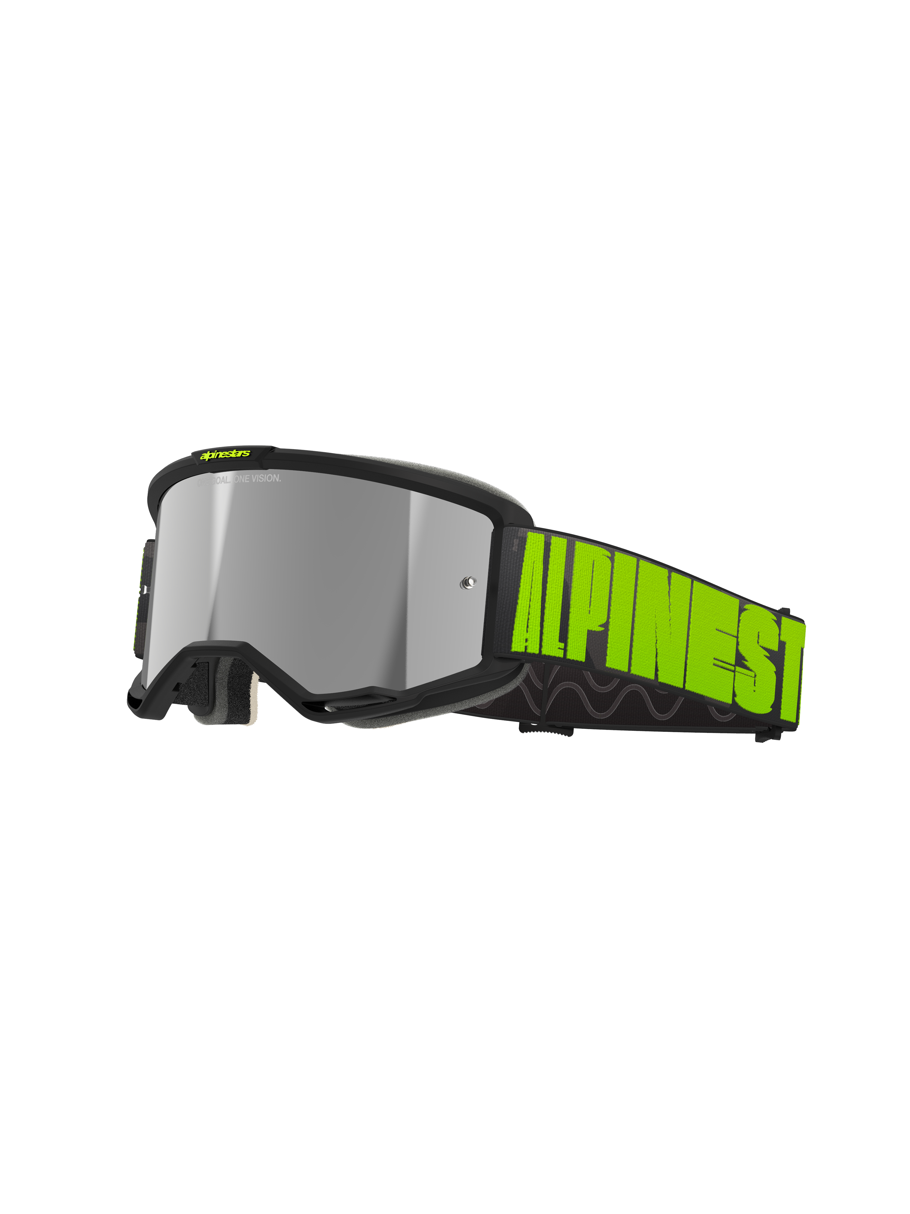 Alpinestars Vision 5 Hollow Goggles, Motocross Off-Road Goggles, Charcoal and Yellow Fluo, reflective silver mirror lens with black frame, wide black strap with bold neon yellow branding and internal silicone grip, ventilation ports and plush face foam