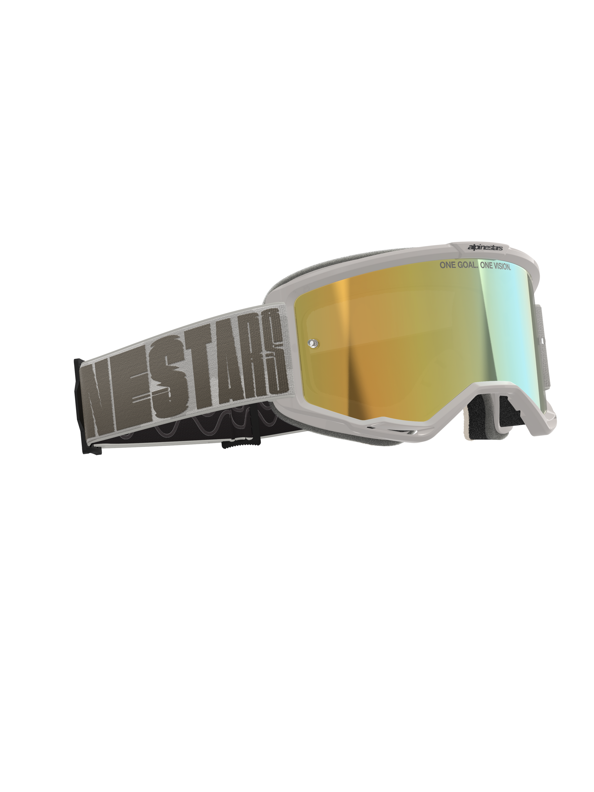 Alpinestars Vision 5 Hollow Goggles, Motocross Goggles, White frame with Wind Mirror Gold reflective lens, gray woven strap with bold Alpinestars typography, features "One Goal. One Vision." text on the lens, professional off-road racing eyewear