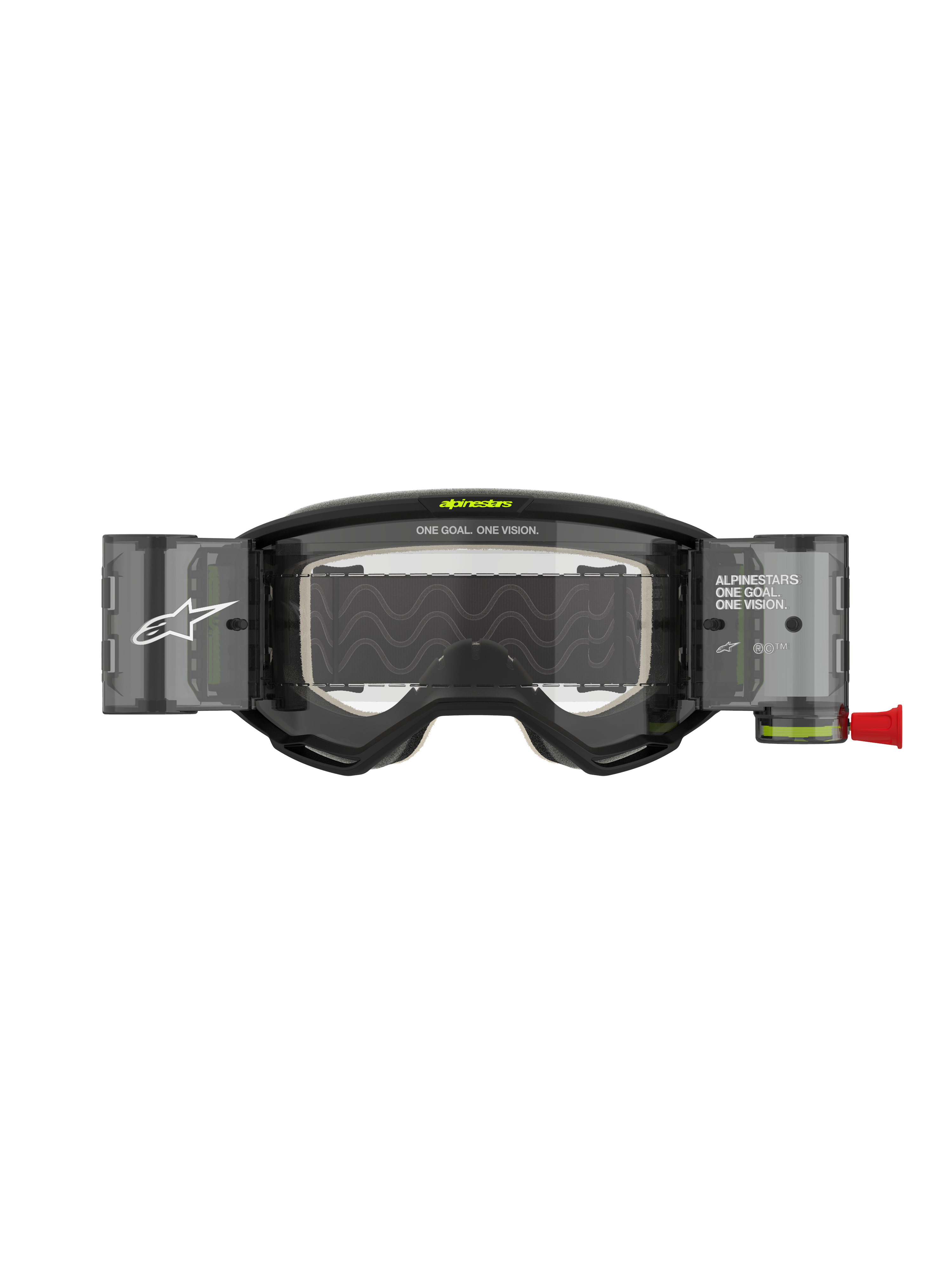 Alpinestars Vision 5 Hollow Goggles Roll Off, Motocross Goggles, Charcoal and Fluo Yellow, featuring a clear roll-off lens system with translucent canisters, red pull tab, white branding and "ONE GOAL. ONE VISION." text, designed for off-road racing