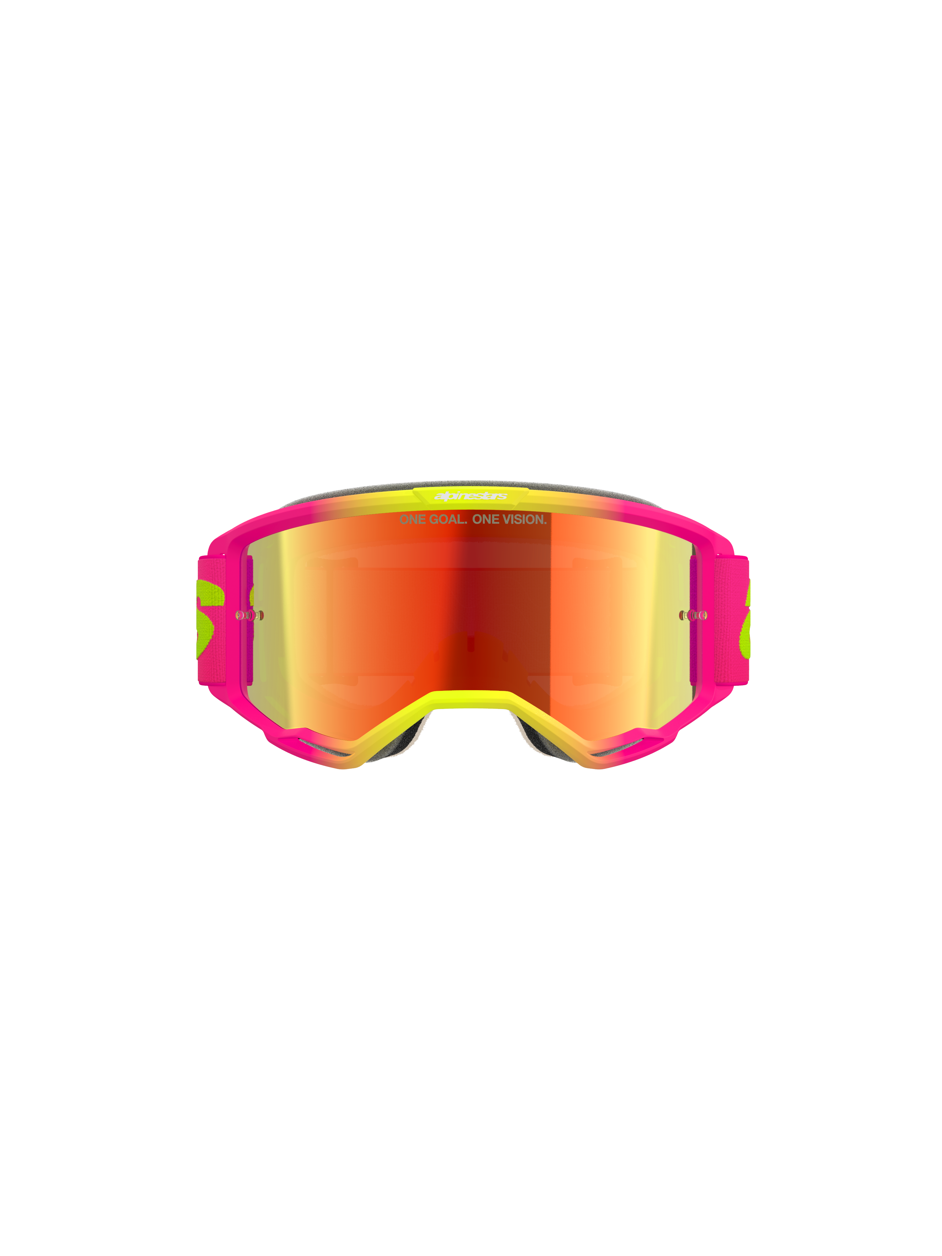 Alpinestars Vision 5 Wordmark Goggles, Motocross Goggles, Pink and Fluo Yellow frame with Red Mirror lens, featuring bold branding and "One Goal. One Vision." text on lens, high-performance off-road eyewear
