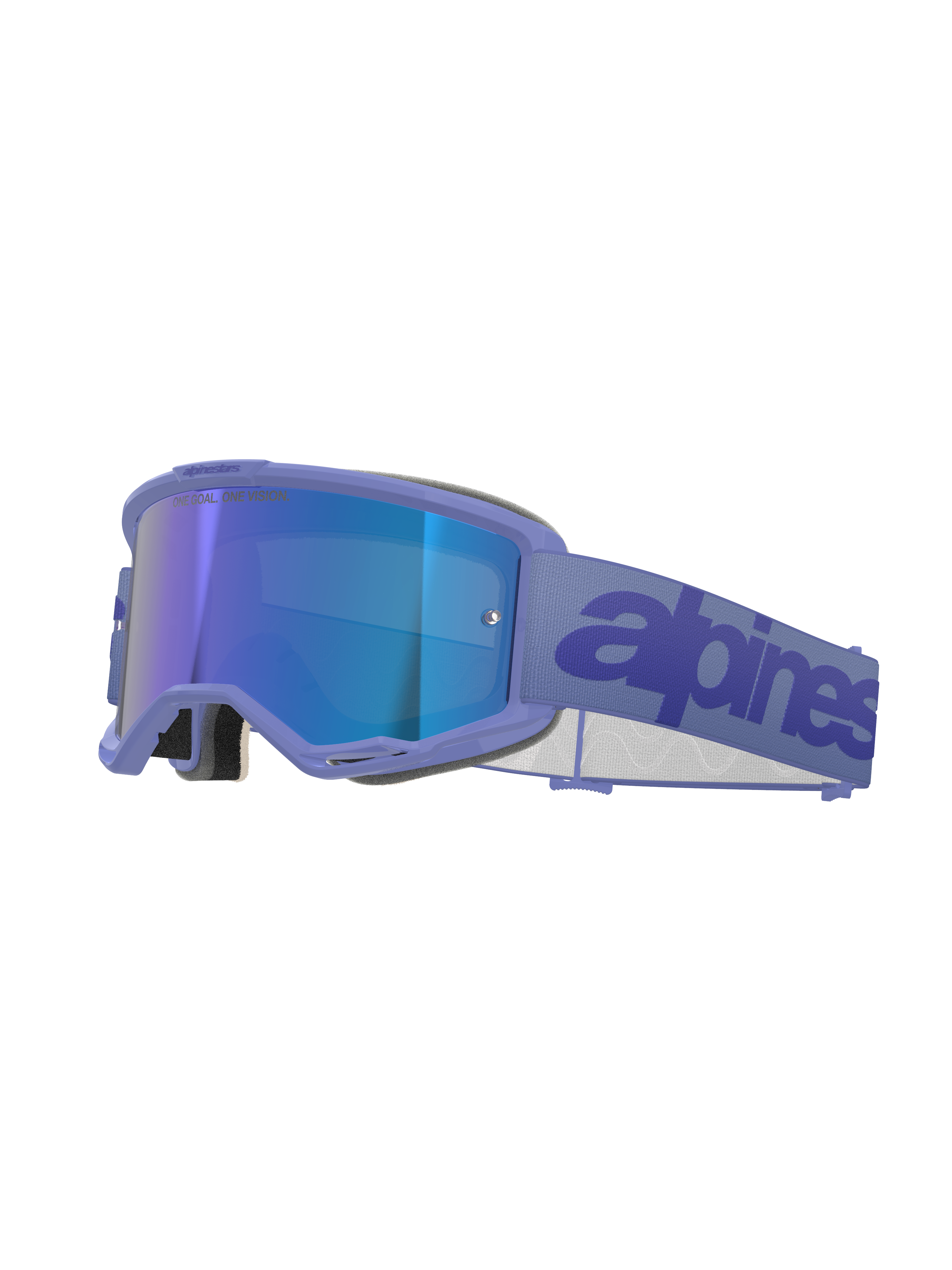Alpinestars Vision 5 Wordmark Goggles, Motocross Goggles, Purple Mirror Blue, featuring a purple frame and blue mirrored lens, wide purple woven strap with dark blue wordmark, professional off-road eye protection.